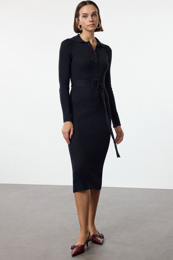 Trendyol Trendyol Navy Blue Maxi Belted Knit Dress