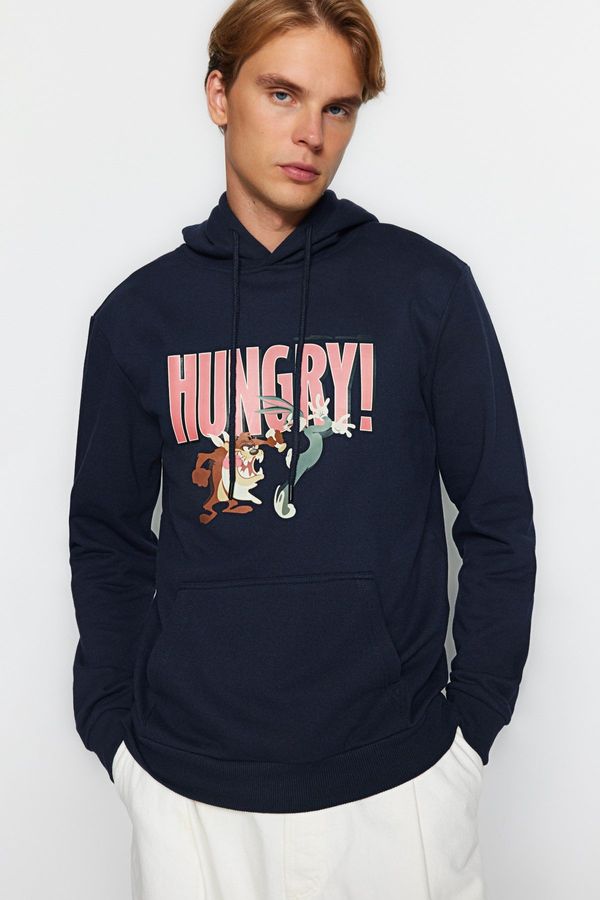 Trendyol Trendyol Navy Blue Men's Looney Tunes Printed Regular/Regular Cut Hooded Sweatshirt