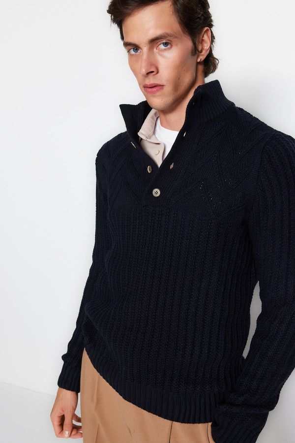 Trendyol Trendyol Navy Blue Men's Slim Fit Half Turtleneck Buttoned Knitwear Sweater