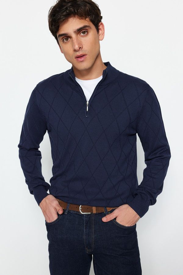 Trendyol Trendyol Navy Blue Men's Slim Fit Half Turtleneck Zippered Cotton Smart Knitwear Sweater