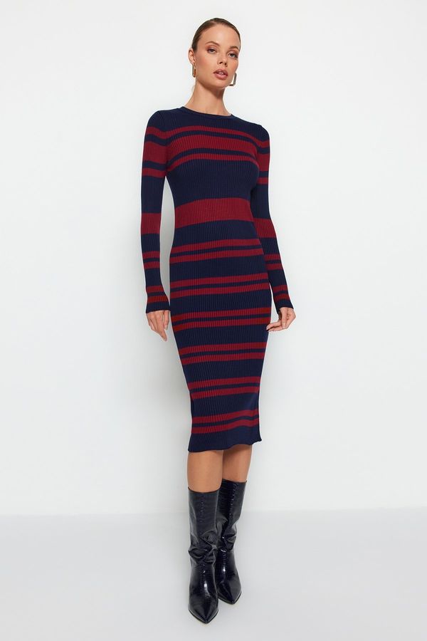 Trendyol Trendyol Navy Blue Midi Knitwear Crew Neck Striped Dress