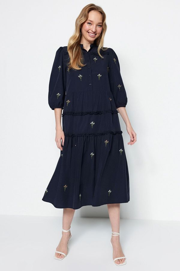 Trendyol Trendyol Navy Blue Midi Woven Embroidered Woven Dress