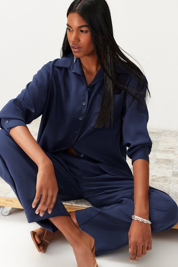 Trendyol Trendyol Navy Blue Modal Blend Shirt and Trousers Woven Bottom-Top Set