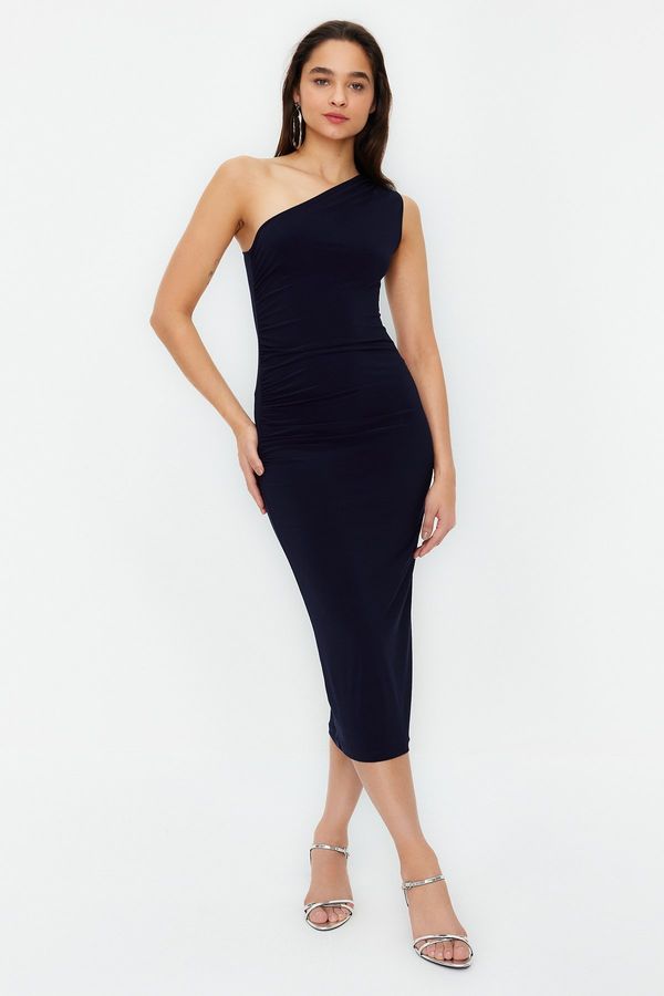 Trendyol Trendyol Navy Blue One Shoulder Draped Fitted Maxi Flexible Knitted Midi Pencil Dress