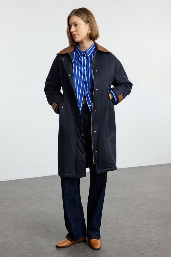 Trendyol Trendyol Navy Blue Oversize Collar Faux Leather Detailed Midi Wool Coat