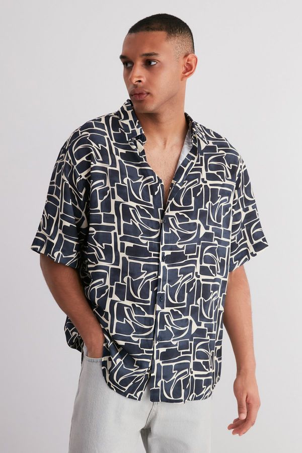 Trendyol Trendyol Navy Blue Oversize Fit 100% Viscose Patterned Short Sleeve Flowy Summer Shirt