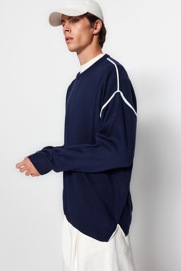 Trendyol Trendyol Navy Blue Oversize Fit Wide Fit Crew Neck Piping Detailed Knitwear Sweater
