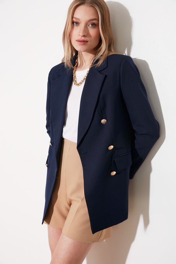 Trendyol Trendyol Navy Blue Oversize Lined Double Breasted Closure Woven Blazer Jacket