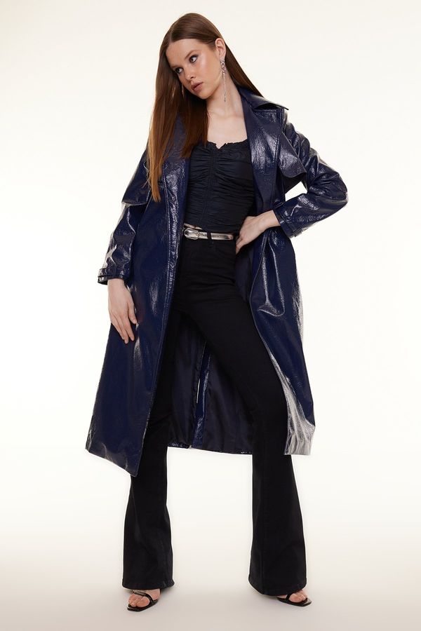 Trendyol Trendyol Navy Blue Oversize Wide Cut Patent Leather Trench Coat