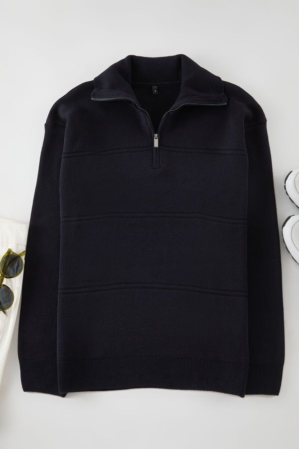 Trendyol Trendyol Navy Blue Oversize Zippered Collar Plain Knitwear Sweater