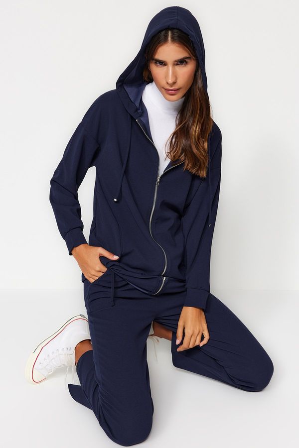 Trendyol Trendyol Navy Blue Oversize Zippered Hooded Cardigan Knitted Tracksuit