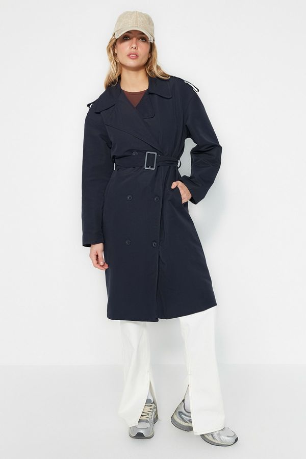 Trendyol Trendyol Navy Blue Oversized Belted Epaulette Detailed Trench Coat