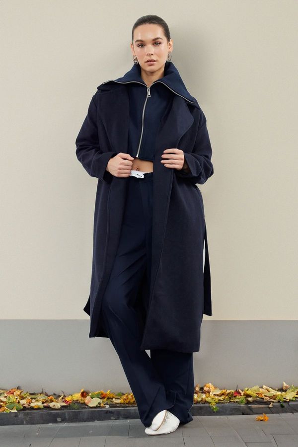 Trendyol Trendyol Navy Blue Oversized Wool Coat with Removable Knitwear Detail