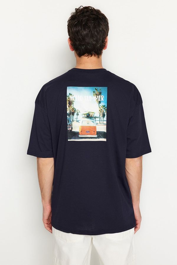Trendyol Trendyol Navy Blue Oversize/Wide Cut 100% Cotton Tropical Back Printed T-Shirt