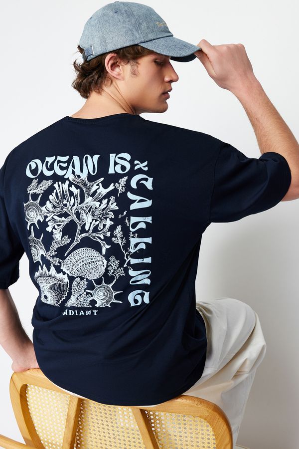 Trendyol Trendyol Navy Blue Oversize/Wide Cut Back Embossed Text Printed 100% Cotton T-shirt