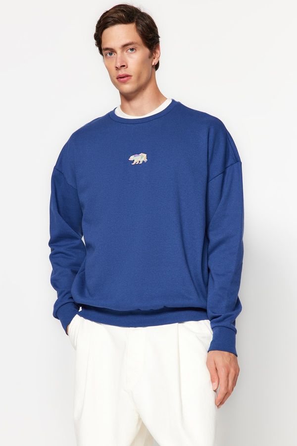 Trendyol Trendyol Navy Blue Oversize/Wide Cut Fit Animal Embroidery Fleece Inside Sweatshirt