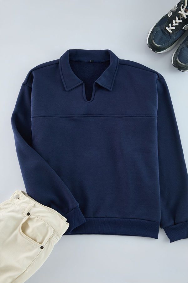 Trendyol Trendyol Navy Blue Oversize/Wide Cut Polo Sweatshirt with Fleece Inside