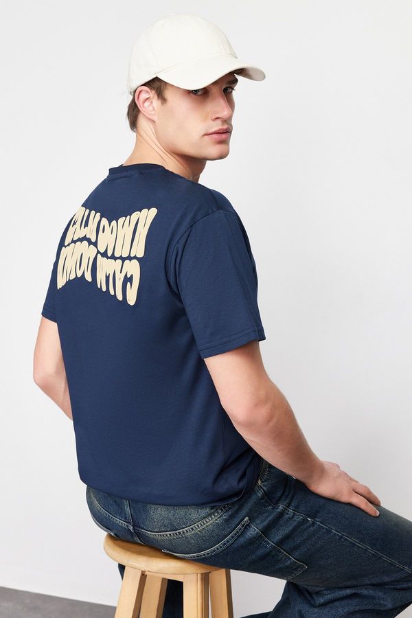 Trendyol Trendyol Navy Blue Oversize/Wide Cut Raised Text Back Printed 100% Cotton T-shirt