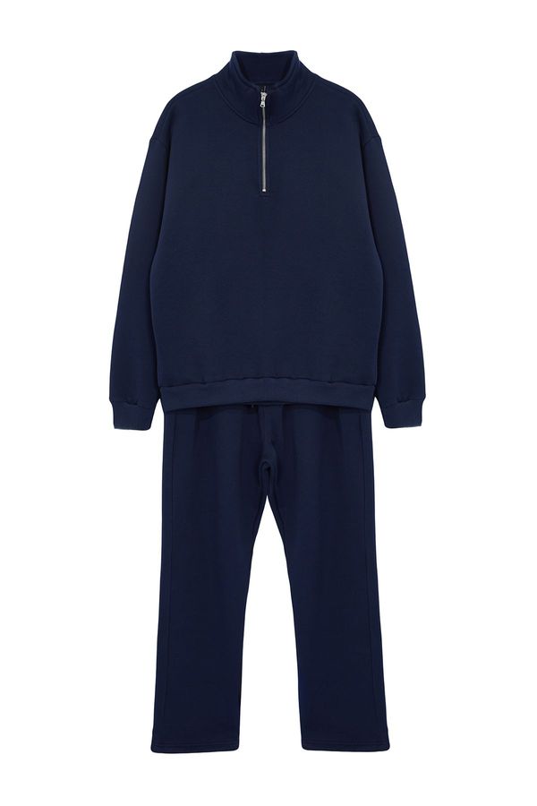 Trendyol Trendyol Navy Blue Oversize/Wide Cut Stand Collar Zippered Basic Tracksuit Set