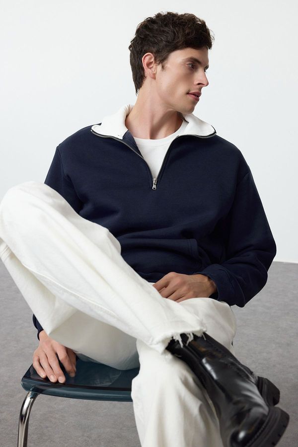 Trendyol Trendyol Navy Blue Oversize/Wide Cut Stand Collar Zippered Polar Fleece Inside/Warm Sweatshirt