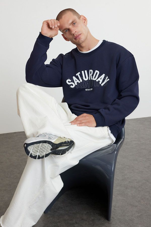 Trendyol Trendyol Navy Blue Oversize/Wide Cut Text Printed Sweatshirt