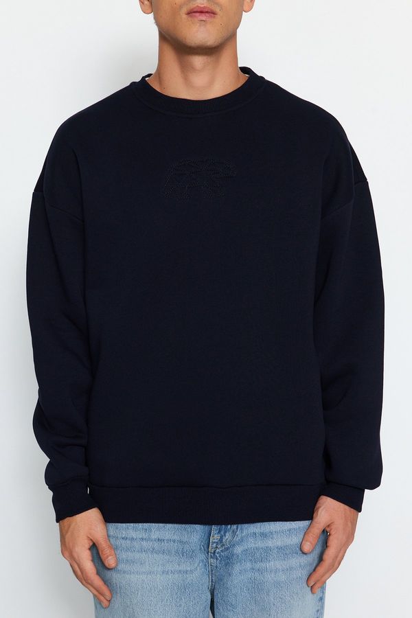 Trendyol Trendyol Navy Blue Oversize/Wide-Fit Bear Animal Embroidered Cotton Fleece Sweatshirt