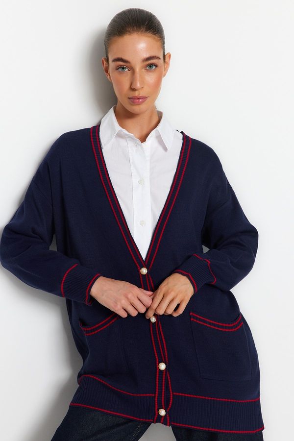 Trendyol Trendyol Navy Blue Pearl Buttoned Ribbed Knitwear Cardigan