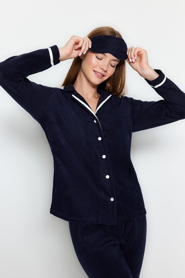 Trendyol Trendyol Navy Blue Piping Detailed Sleeping Banded Fleece Thick Winter Knitted Pajamas Set