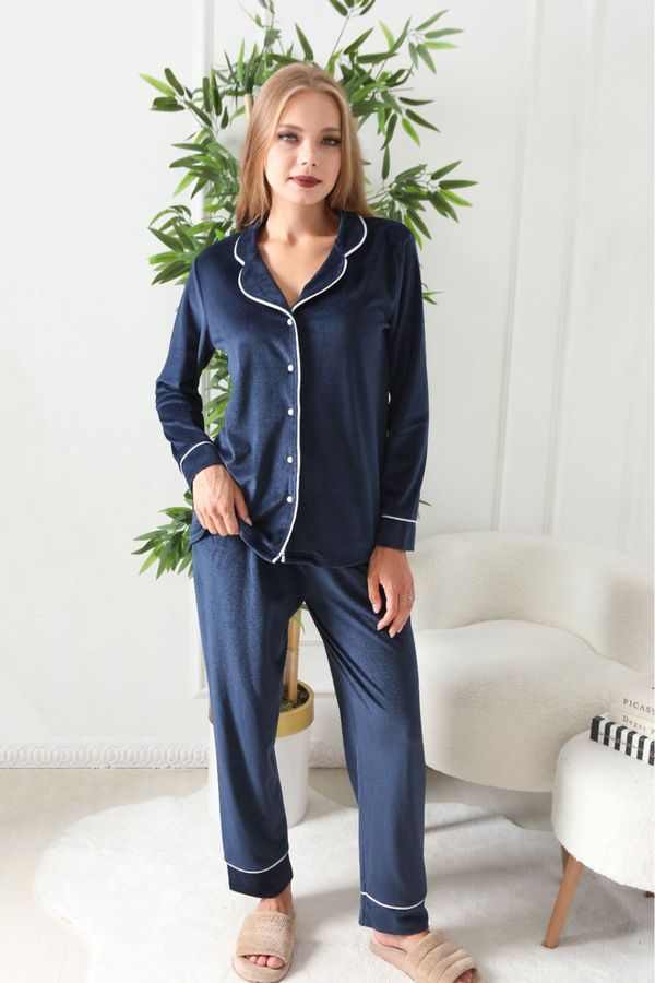 Trendyol Trendyol Navy Blue Piping Detailed Velvet Knitted Pajama Set