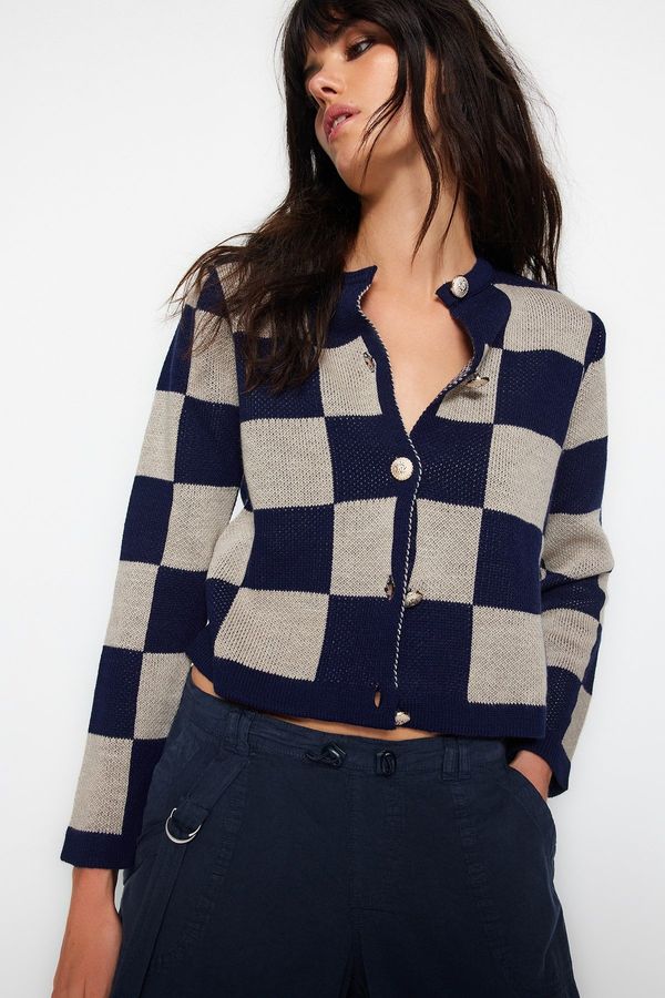 Trendyol Trendyol Navy Blue Plaid / Checkered Knitwear Cardigan