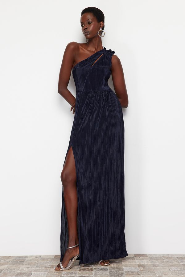 Trendyol Trendyol Navy Blue Pleated Lined Knitted Long Evening Dress