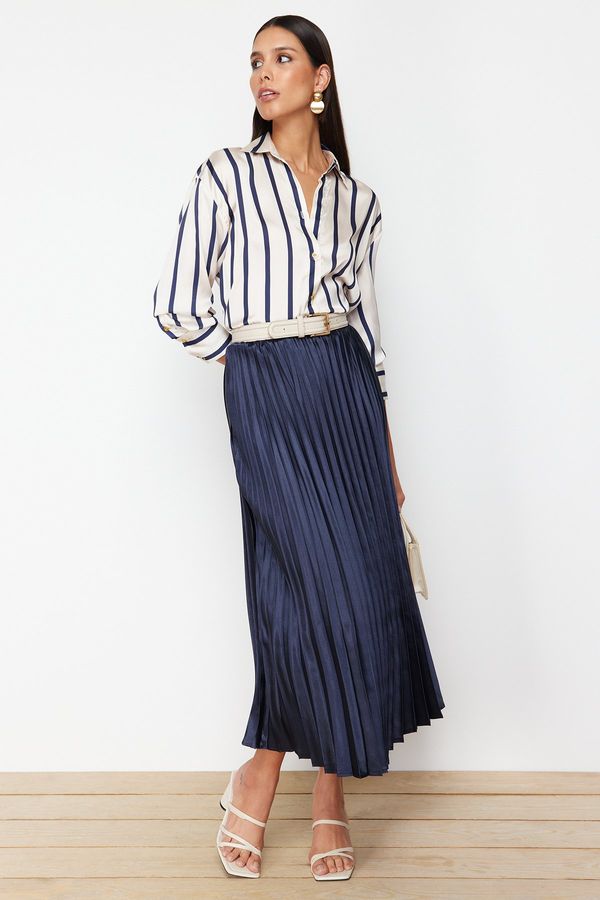 Trendyol Trendyol Navy Blue Pleated Satin Fabric Maxi Length Woven Skirt