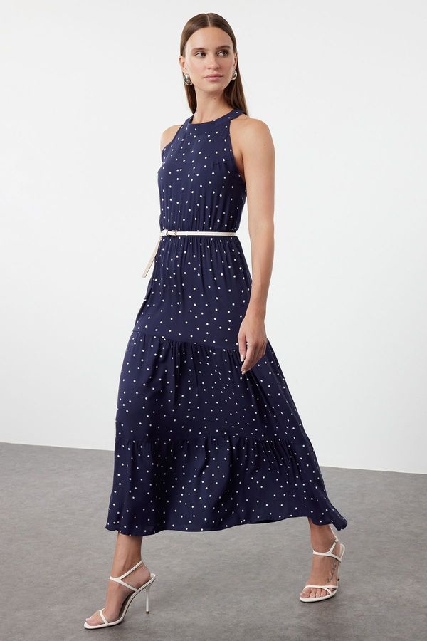 Trendyol Trendyol Navy Blue Polka Dot Patterned A-Line Barbell Neck Midi Woven Dress