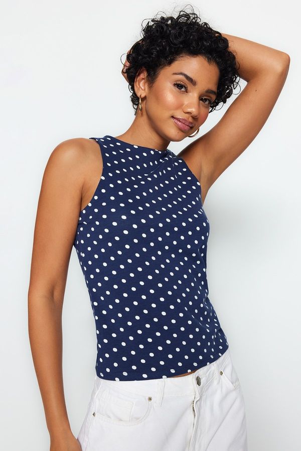 Trendyol Trendyol Navy Blue Polka Dot Printed Cotton Halterneck Fitted/Slip-On Knitted Singlets