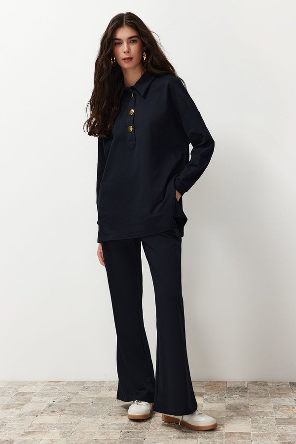 Trendyol Trendyol Navy Blue Polo Collar Gold Button Detailed Knitted Top and Bottom Set
