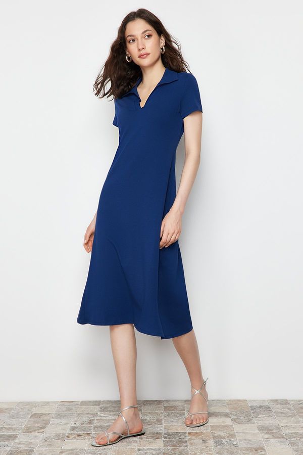 Trendyol Trendyol Navy Blue Polo Neck Skater/Waist Opening Cotton Stretchy Knitted Midi Dress