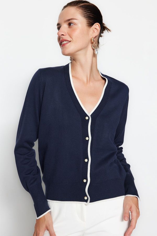 Trendyol Trendyol Navy Blue Premium Yarn/Special Yarn Contrast Colored Knitwear Cardigan