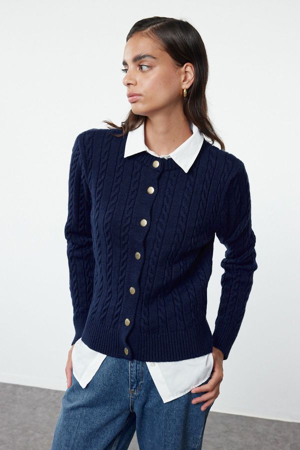 Trendyol Trendyol Navy Blue Premium Yarn/Special Yarn Knit Detail Jacket Look Knitwear Cardigan