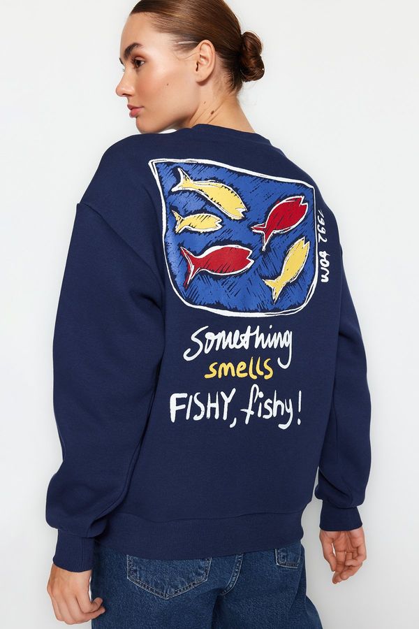 Trendyol Trendyol Navy Blue Printed Oversize Crew Neck Knitted Sweatshirt