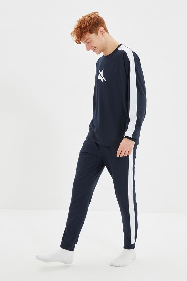 Trendyol Trendyol Navy Blue Printed Stripe Detailed Knitted Pajamas Set