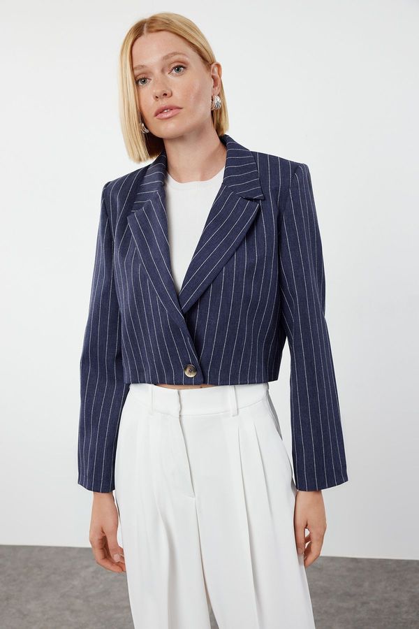 Trendyol Trendyol Navy Blue Regular Crop Striped Woven Blazer Jacket