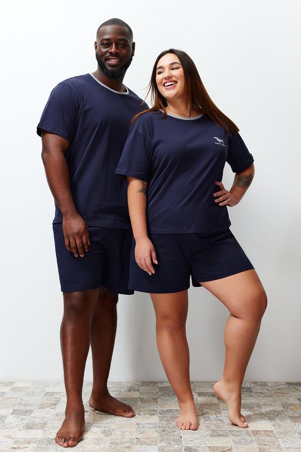 Trendyol Trendyol Navy Blue Regular Fit Embroidered Couple Knitted Plus Size Pajamas Set