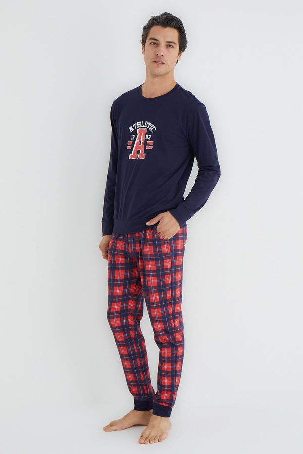 Trendyol Trendyol Navy Blue Regular Fit Plaid Knitted Pajamas Set