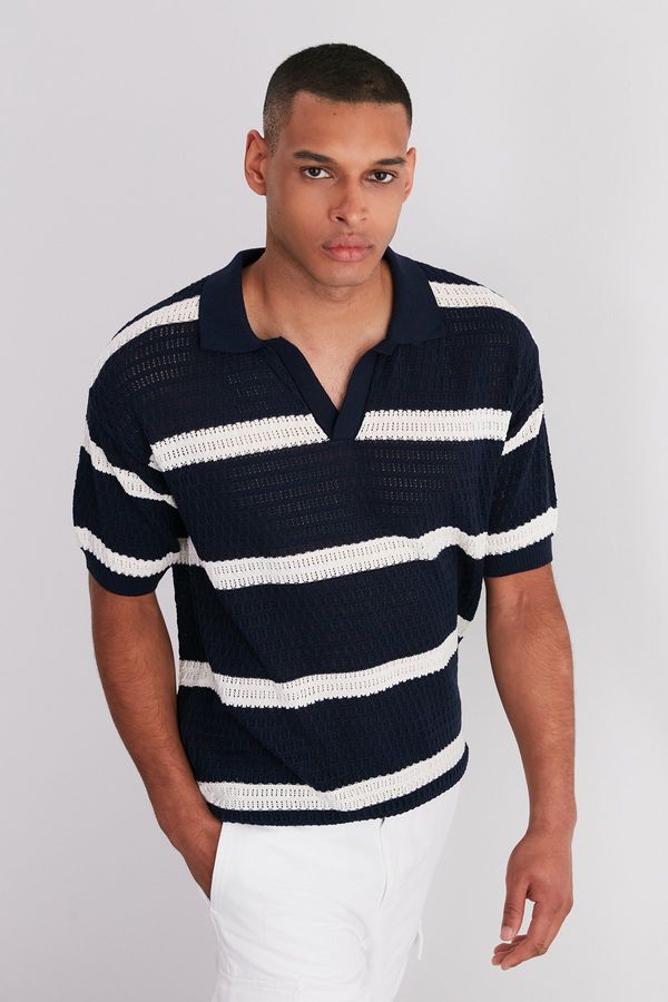 Trendyol Trendyol Navy Blue Regular Fit Striped Loose Pat Limited Edition Knitwear Polo Neck T-Shirt