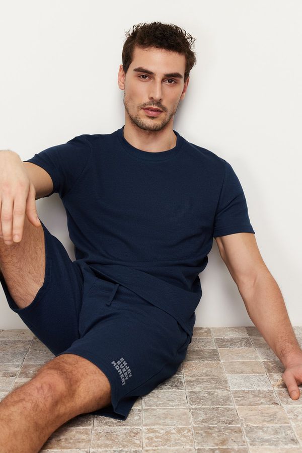 Trendyol Trendyol Navy Blue Regular Fit Textured Knitted Pajamas Set with Shorts