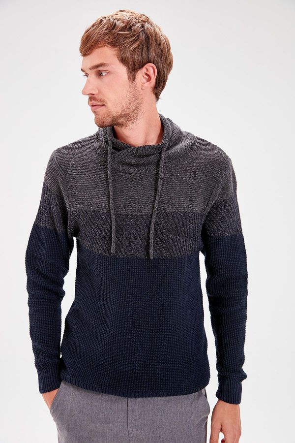 Trendyol Trendyol Navy Blue Regular Shawl Collar Color Block Knitwear Sweater