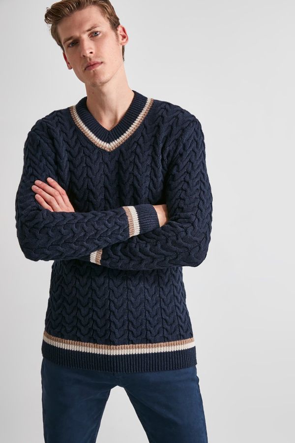 Trendyol Trendyol Navy Blue Regular Wool V Neck Hair Knitted Sweater