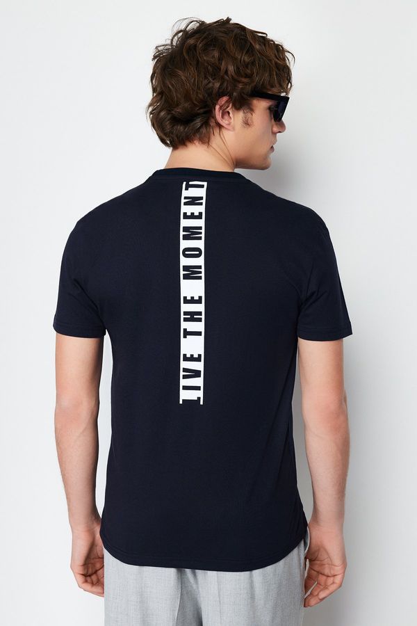 Trendyol Trendyol Navy Blue Regular/Normal Cut Back Text Printed 100% Cotton Short Sleeve T-Shirt