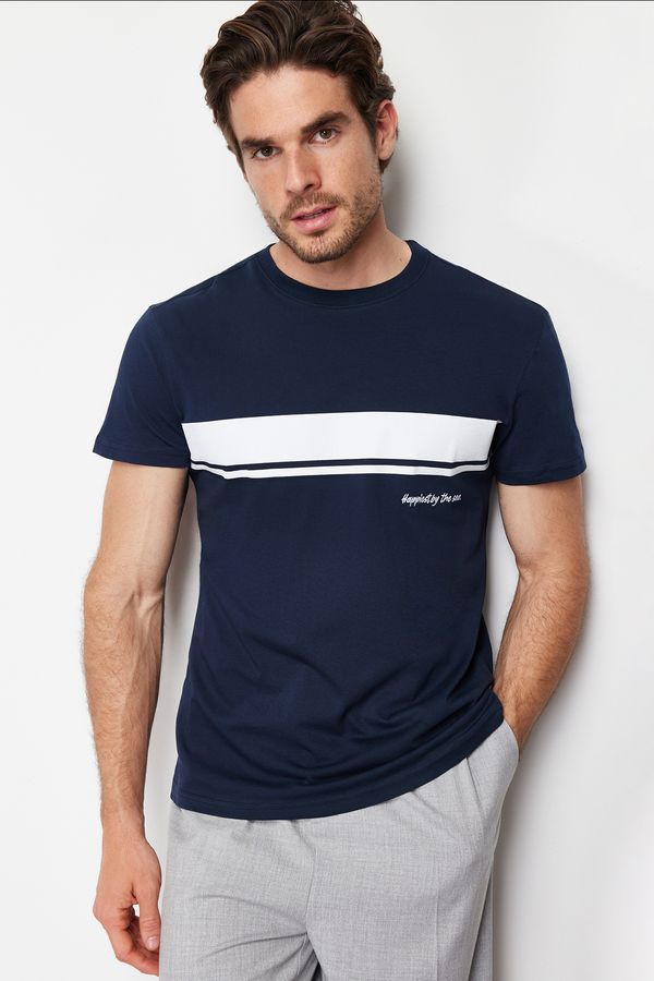 Trendyol Trendyol Navy Blue Regular/Normal Cut Crew Neck Striped Printed 100% Cotton T-shirt