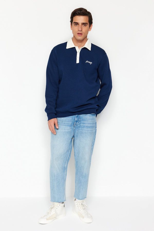 Trendyol Trendyol Navy Blue Regular/Normal Cut Polo Collar Embroidered Fleece Inside Cotton Sweatshirt